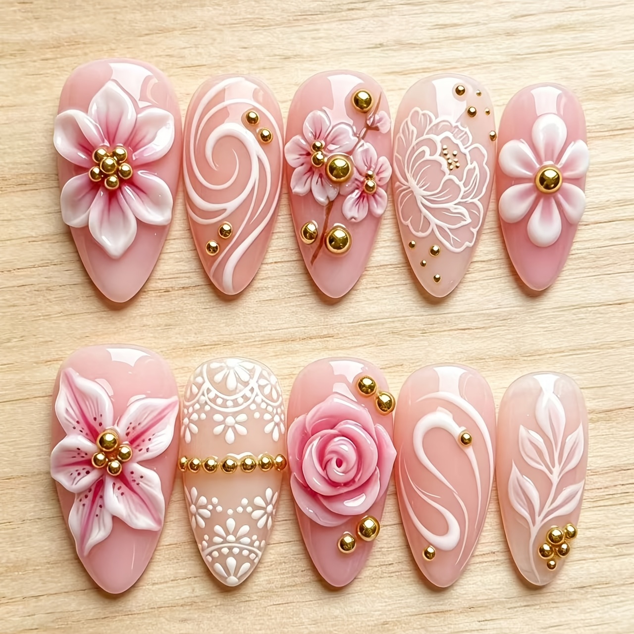 TEMU 10pcs Y2k Soft Pink Nude Gradient Press On Nails Suitable For Nail Art, Almond Shape Medium Length False Nails With 3d Floral Leaf Embossed,