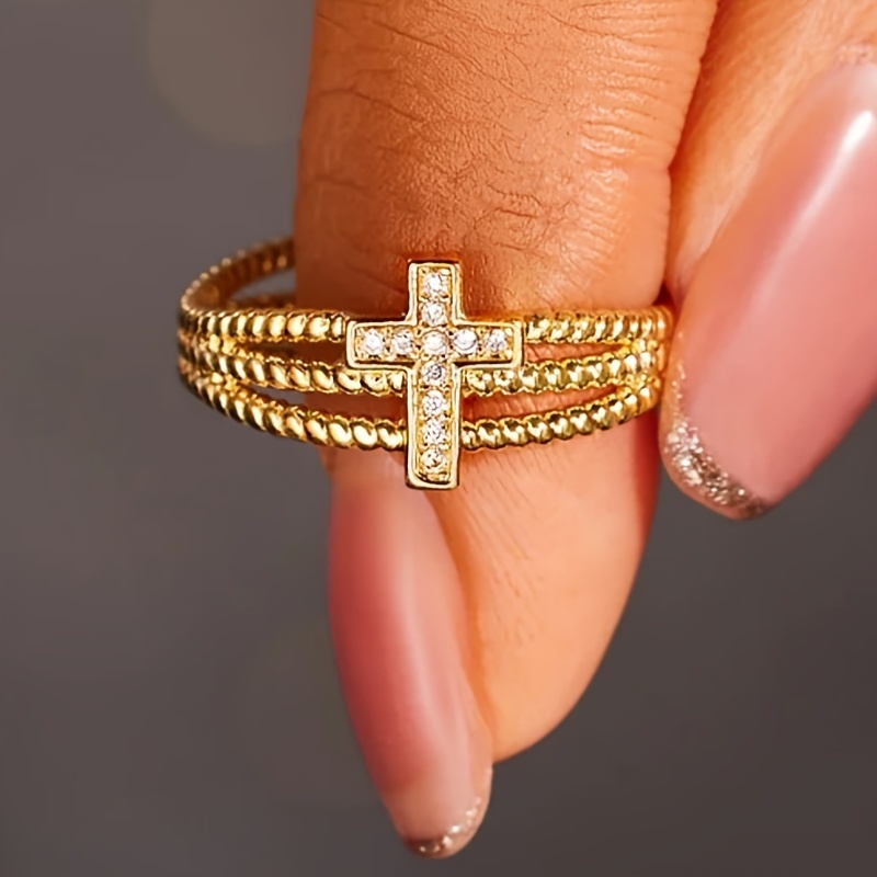 Adjustable Layer Cross Ring KC Golden Plated Synthetic Stone