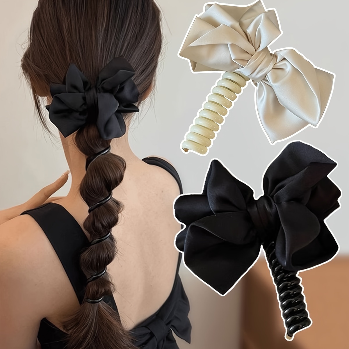 

Elegant Bowknot Spiral Hair Tie - Chic Ponytail Holder For Women And Girls, Solid Color, New Year's