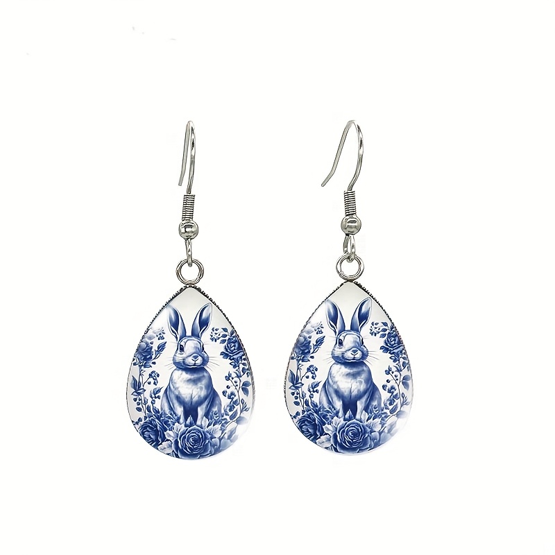 1 Pair Of Easter Blue And White Floral Rabbit Teardrop Earrings, Blue And White Floral Chinese Style Rabbit Jewelry