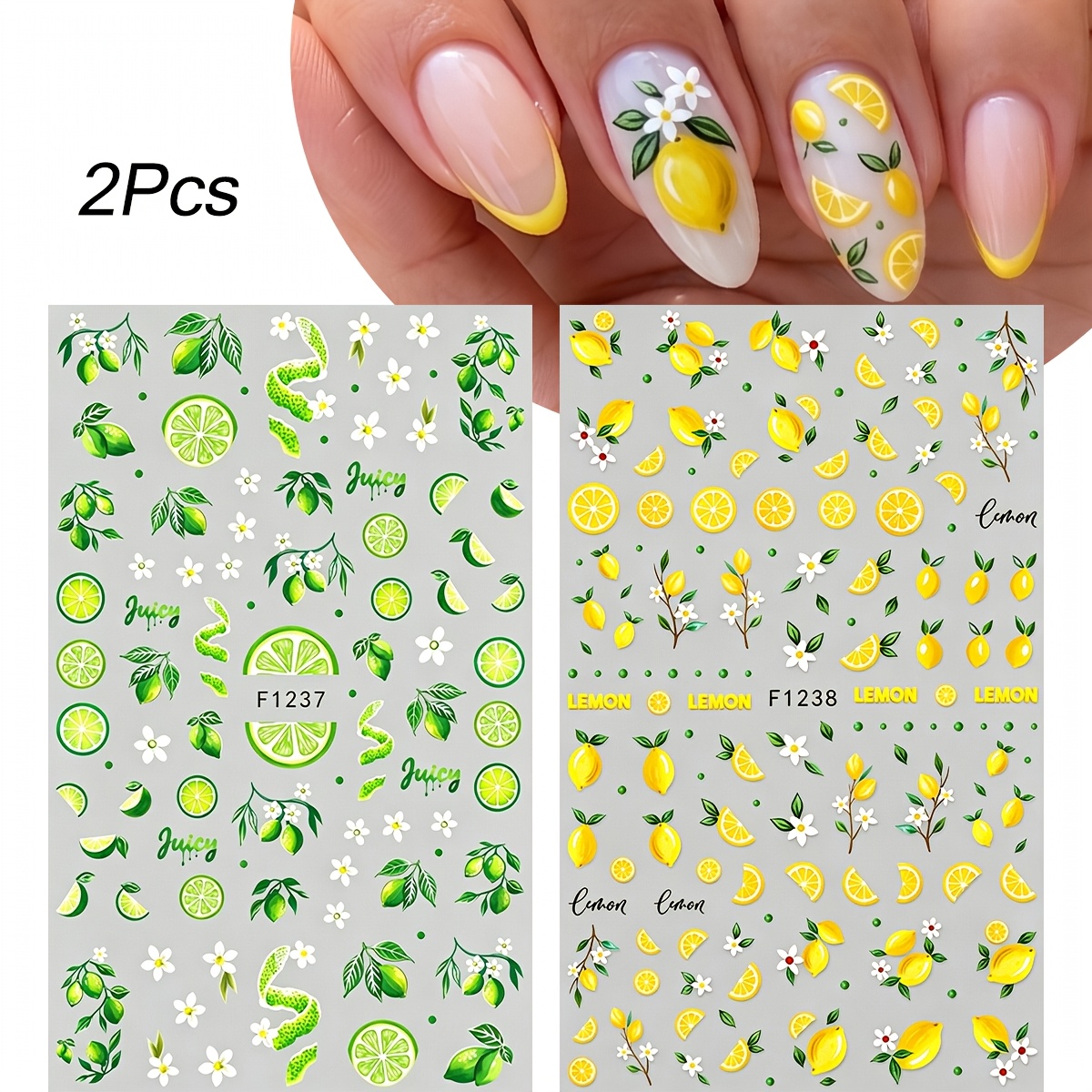 2pcs Summer Lime Lemon 3d Nail Art Stickers Fruits Lemon Flowers Nail Decals Manicure Decorations