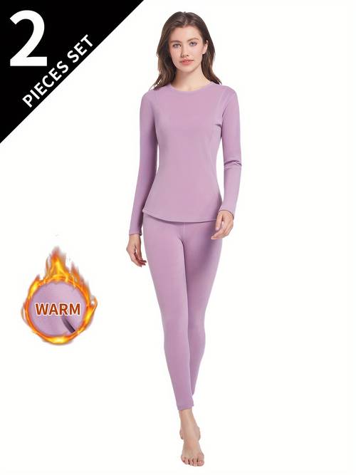 2pcs womens thermal underwear set with round neck top and pants suitable for winter and autumn as a base layer