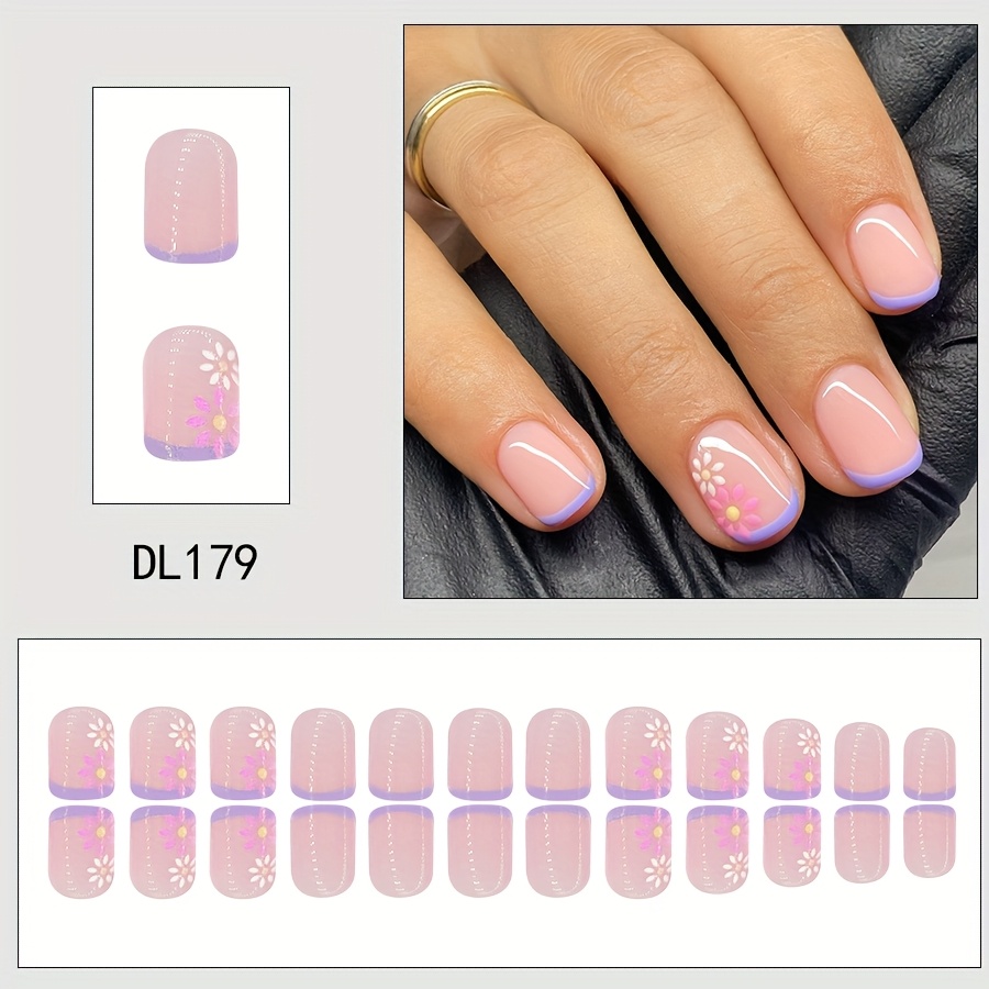 24pcs Of Short Square Purple Pink And White Flower Press-on Nails, Removable Fake Nails