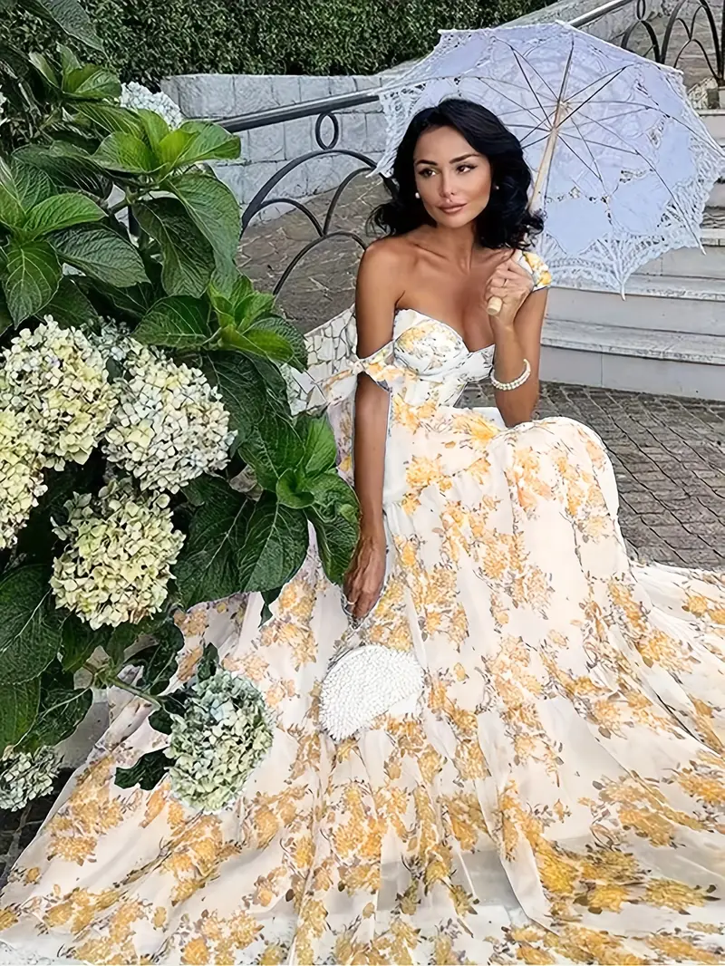 elegant long floral dress spaghetti straps shoulder design - Temu Oman elegant long floral dress spaghetti straps shoulder design - Temu Oman