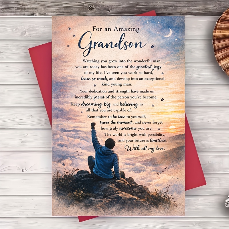 TEMU Greeting Card And 1 Envelope Grandson Greeting Card Inspirational Message For Birthday Graduation Congratulations From Grandparents Encouraging