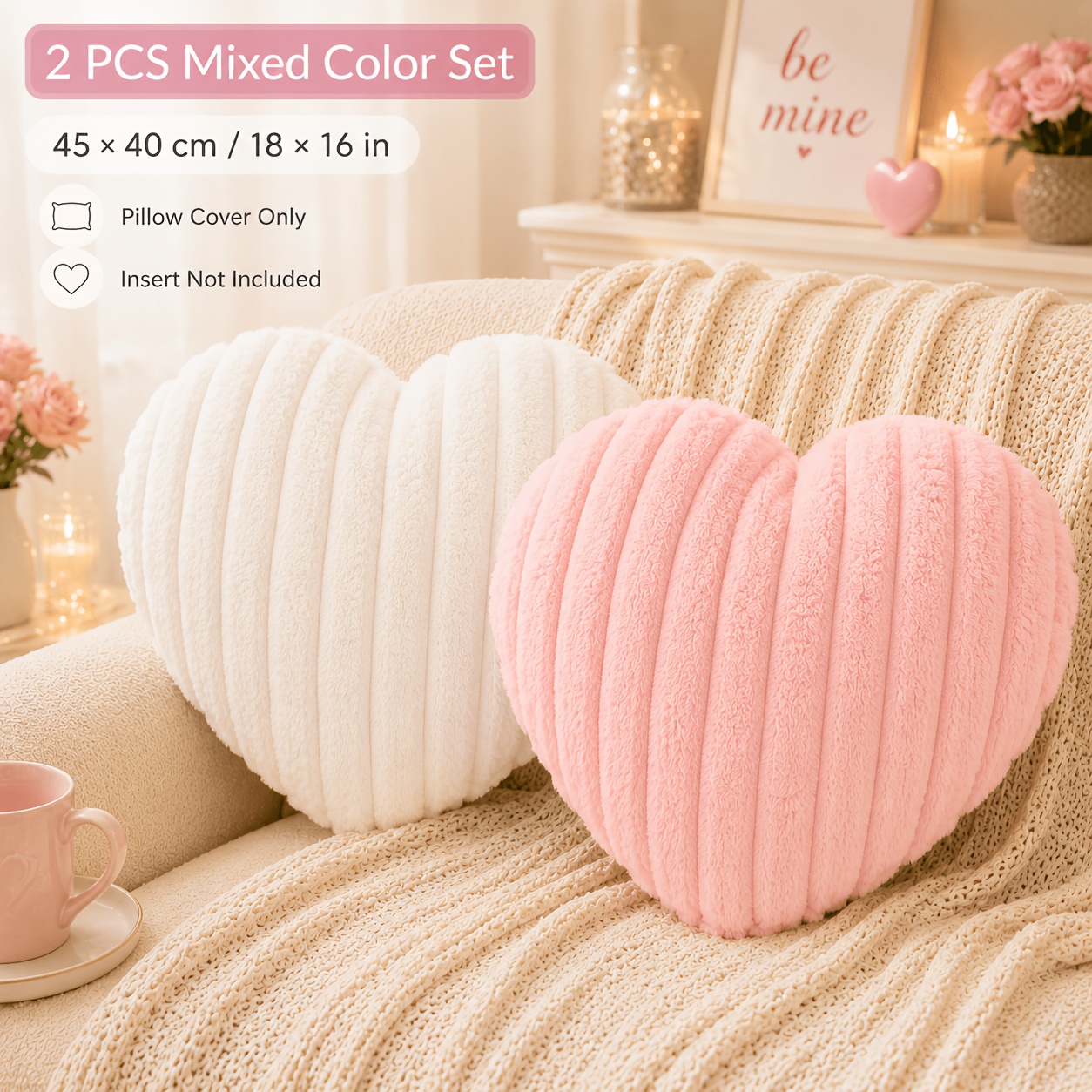 TEMU 2pcs Set Mixed Color Heart-shaped Rabbit Plush Pillowcases, 45×40cm, White/pink/red Option, Vertical Striped Three-dimensional Soft Cushion