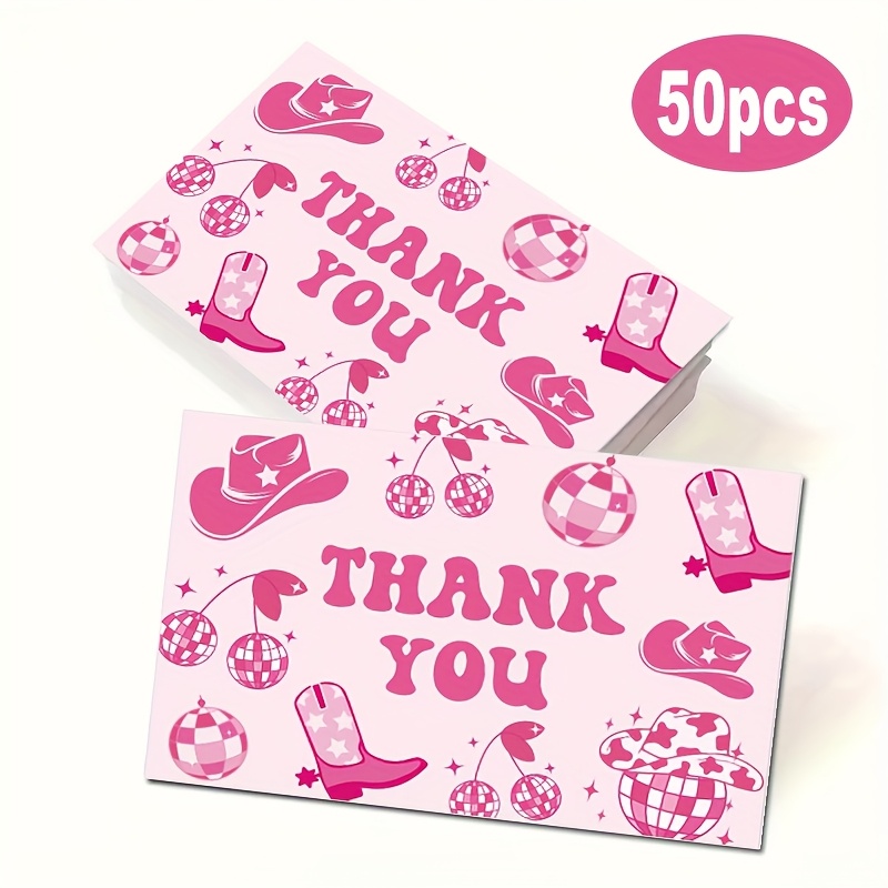 

50pcs/pack, Cowgirl Thank You Cards Pink Blank Note Thank You Cards Suitable For Small And Medium Gifts Birthday Children Shower Office Supplies Cards