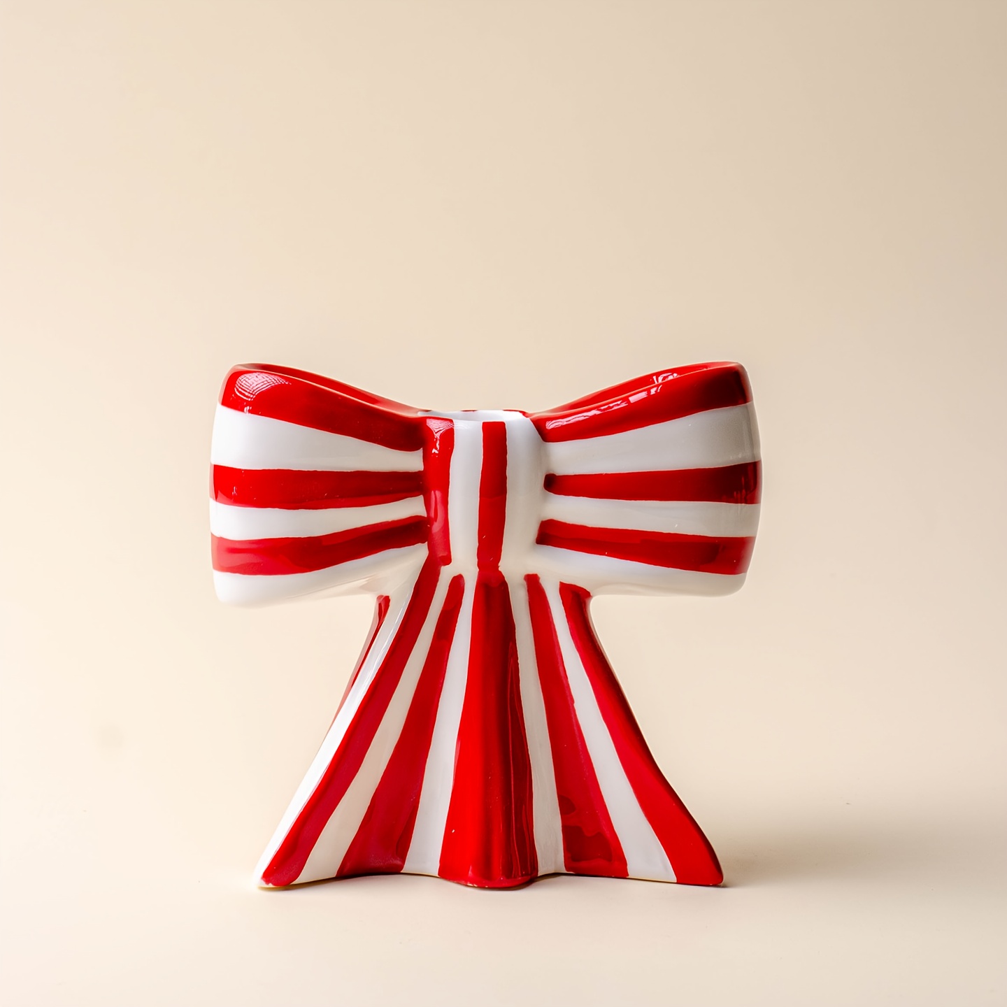 Red And White Striped Candle Holder, Hand-painted Red Freestanding Desktop Candle Base, Ceramic Candle Stand, Essential For Dinners