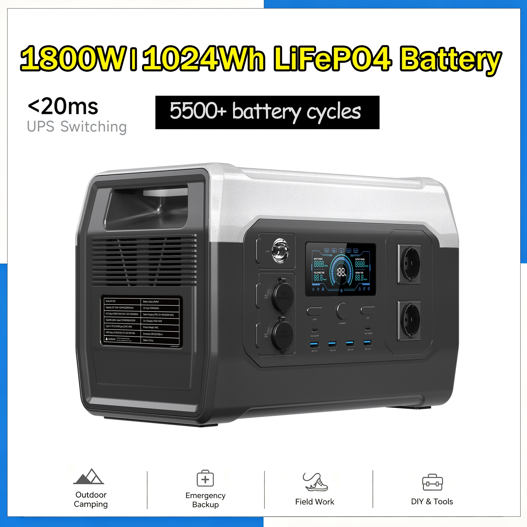 Image of Power Station 1800w Power 1024wh Lifepo4 Solar Generator, Ups 20ms Switch, Multiple Outputs For Camping Rv Home Emergency Power Supply