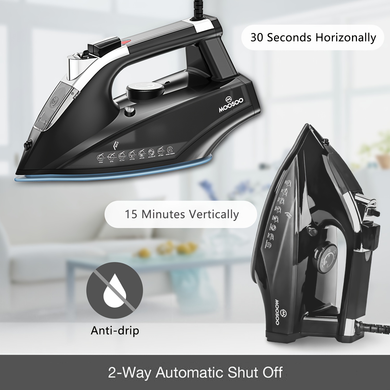 MOOSOO 1800W Professional Steam Iron, Ultra-Lightweight & Anti-Drip, 3D Ceramic Soleplate, Auto Shut-Off Safety, 30s Fast Heat Up for All Fabrics, Perfect for Home & Travel Use