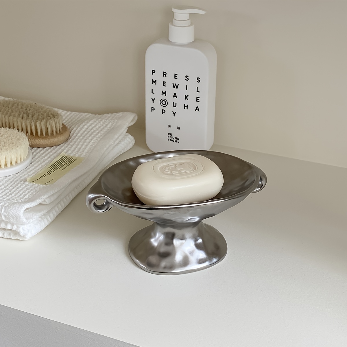 Image of Vintage Silvery Double-handled Ceramic Soap Dish, High-footed Tray - Perfect For Sinks Or As A Jewelry Organizer Halloween, Christmas Decorations