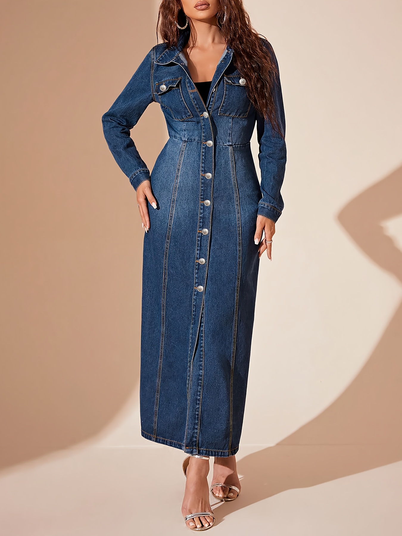 Long Sleeve Denim Maxi Dress Amazon Jean Dresses Patched Pocket Single  Breasted Denim Dress SHEIN USA