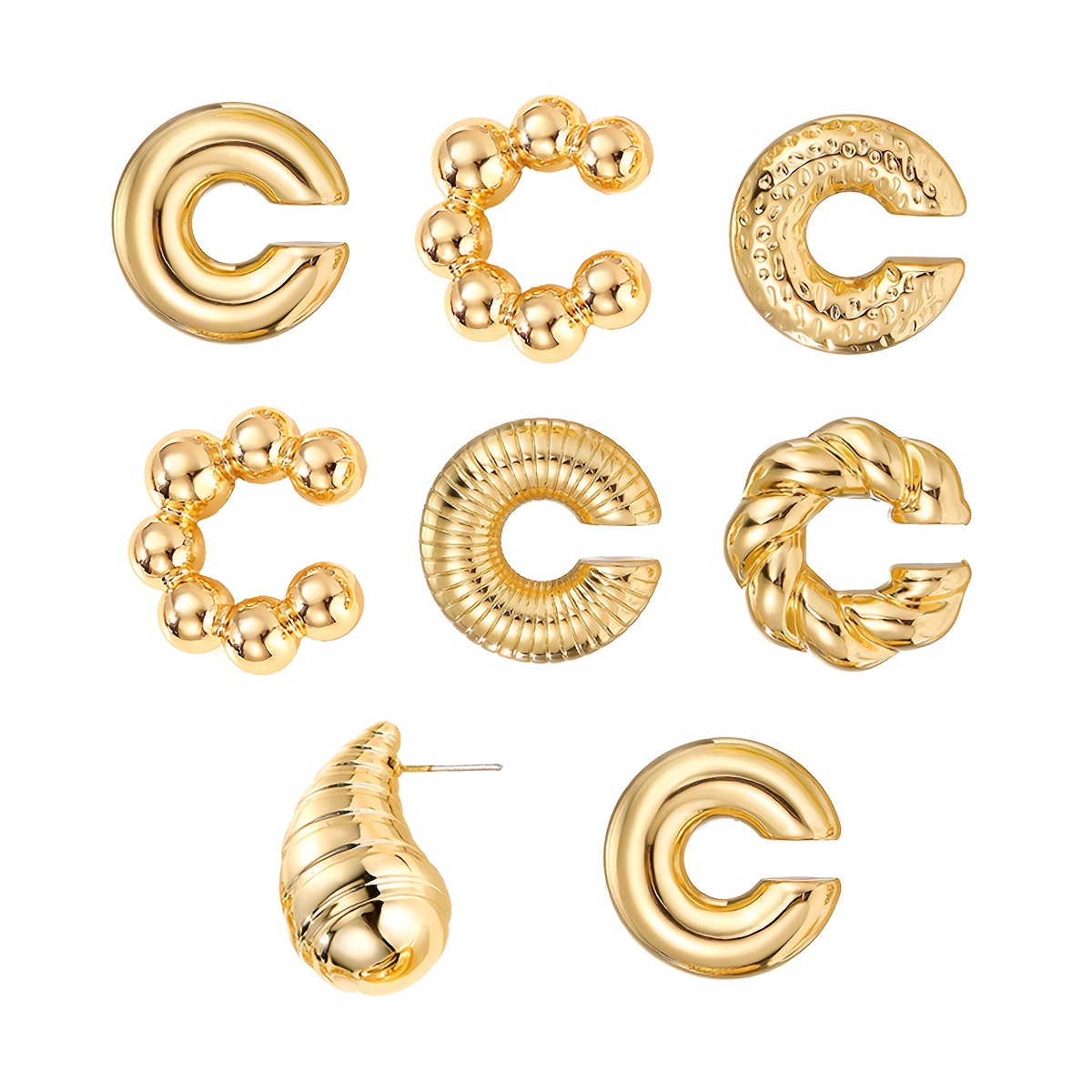 TEMU Set de 8/12 piezas de aretes metálicos irregulares huecos con redonda y clip en C, aretes apilables de moda hip-hop para celebraciones y