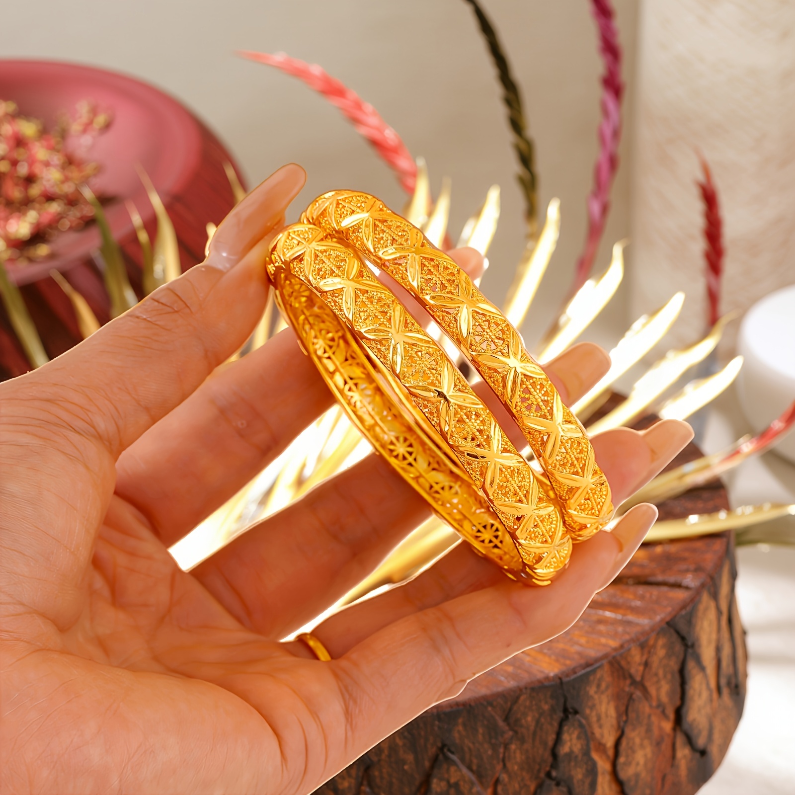 3pcs Golden Plated Open Bangle Bracelets for Daily Matching