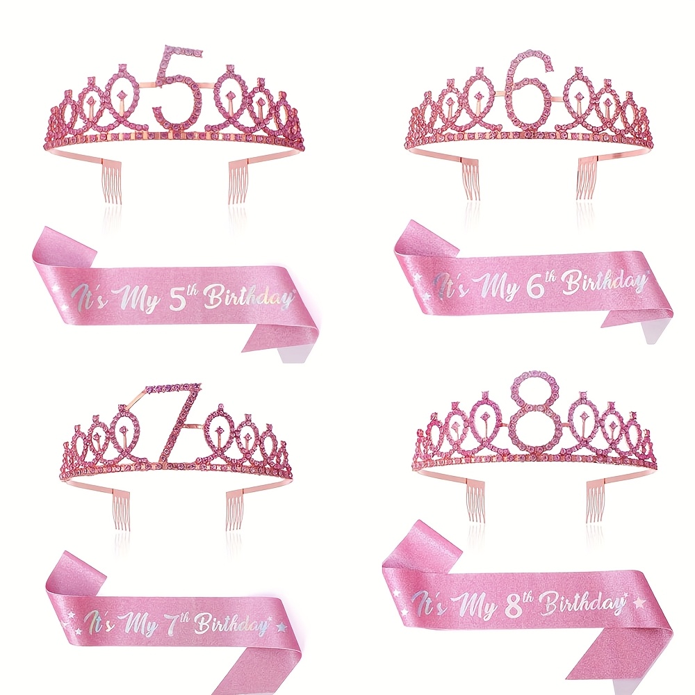 

2pcs Set Fairy Birthday Crown Tiara With Sash, Pink Headband, For 5th, 6th, 7th, 8th Birthday Anniversary Party Decorations, Creative Gift For 3-14