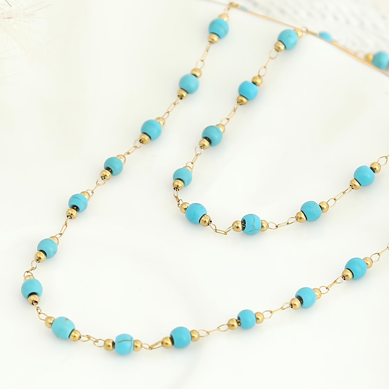 TEMU 1pc Elegant Golden Stainless Steel Turquoise Necklace Natural Stone Necklace Clavicle Chain Necklace Bead Necklace For Holiday Daily Wear For