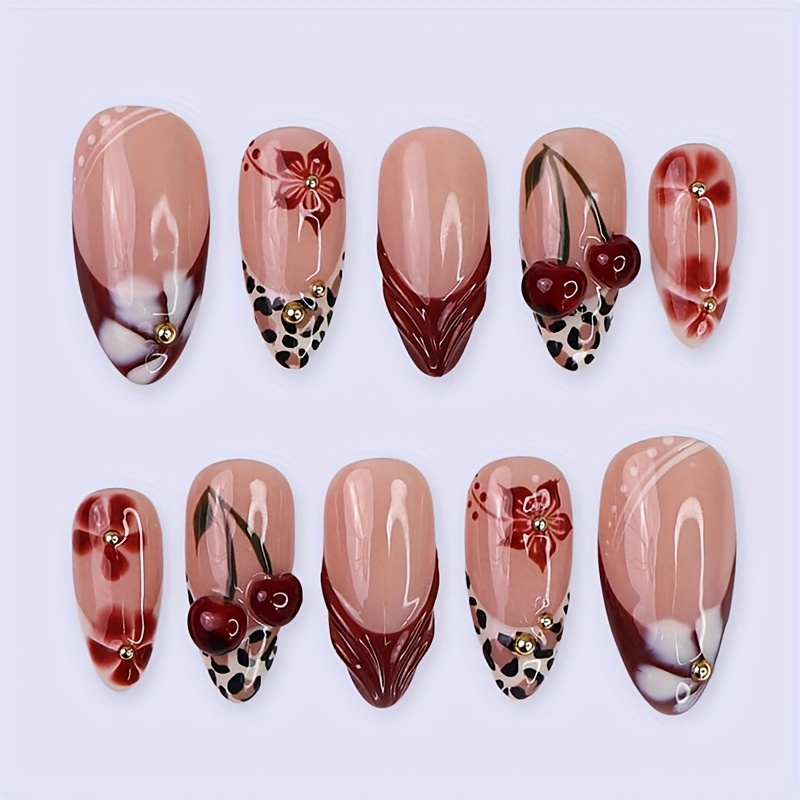 E-shop 30 Stück Leopard Press on Nails Medium Mandelform Falsche Nägel Acryl Wiederverwendbar Französischer Stil Design Blumen 3D Linie & Kirsche &