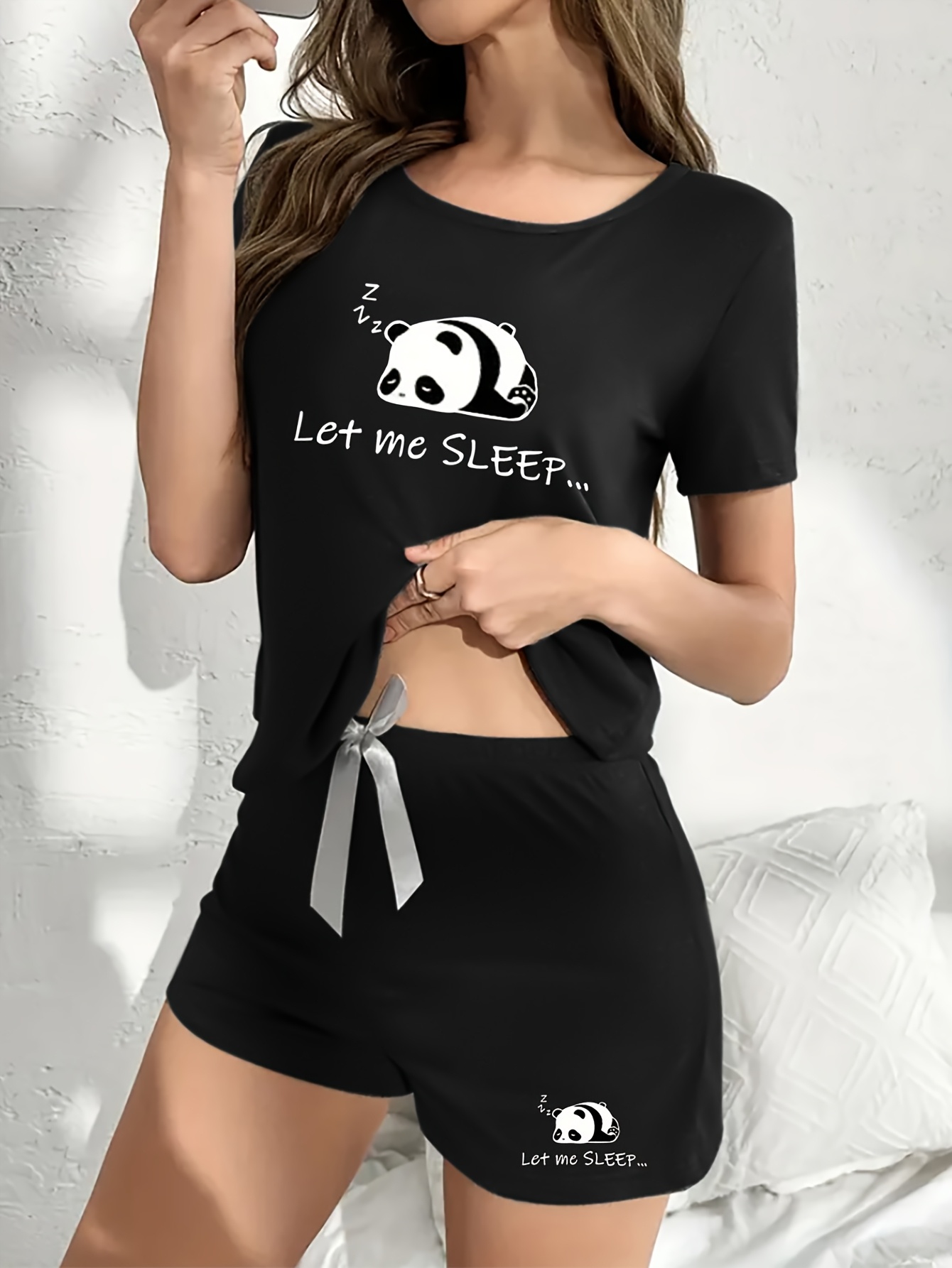 womens cute panda print pajama set with bow detail soft stretchy fabric short sleeve top elastic shorts   spring summer sleepwear and relaxation sleepwear   print   pajama set details 7