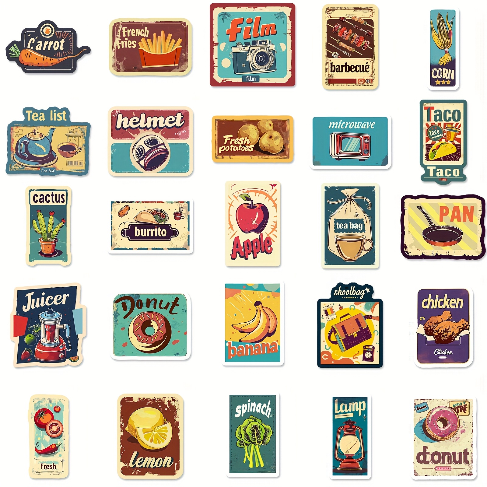 50pcs European And American Store Food Graphic Labels Graffitistickers,self-adhesive Graffiti Stickers, Suitable For Diy Water Cup,,skateboards, Luggage, Helmets, Etc