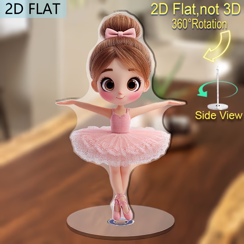 TEMU 2d Flat, 2d Flat Design, 1 Rotating Acrylic Ballerina Figurine, 360-degree Rotatable Dance Model With Pose Options Light Brown Hair And Pink
