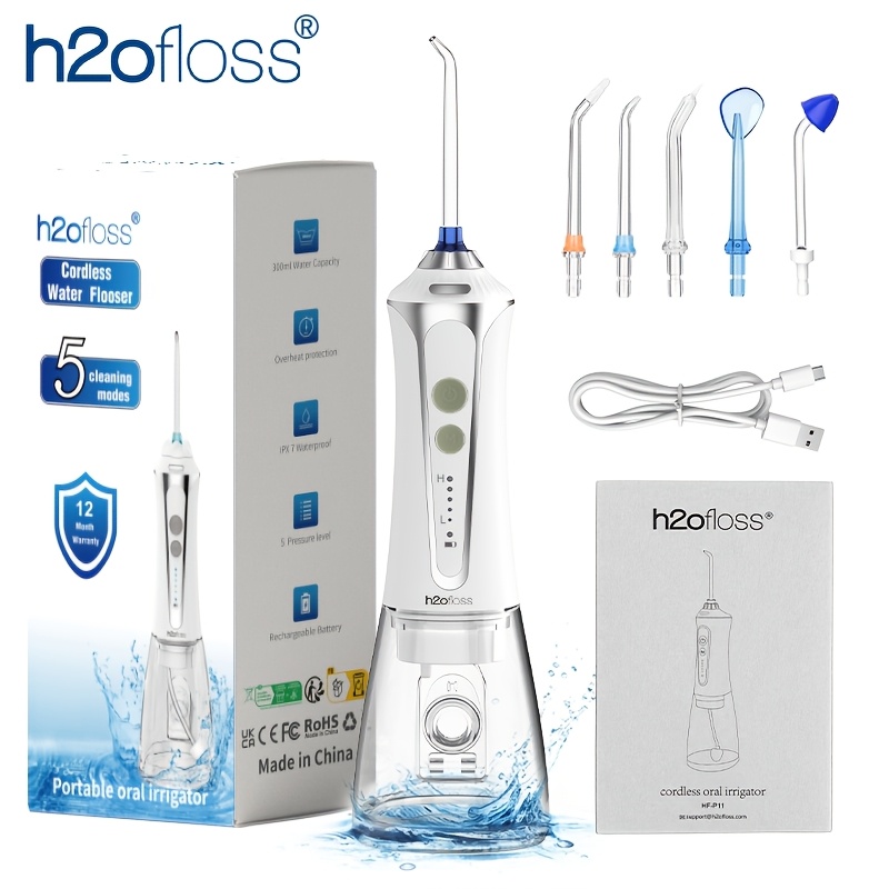 Image of H2ofloss Cordless Water Flosser For Teeth Cleaning Portable Oral Irrigator With 300ml Tank 5 Rechargeable 2500mah Battery 5 Nozzles For
