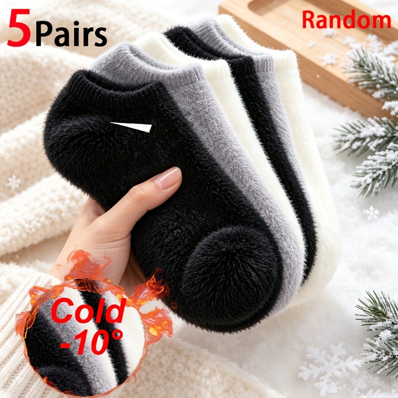 TEMU 5-pair Random Women's Ankle Socks, Autumn/winter Style Soft Fluffy Plush Warm And Comfortable Winter Socks, Thickened Ankle Socks In Black,