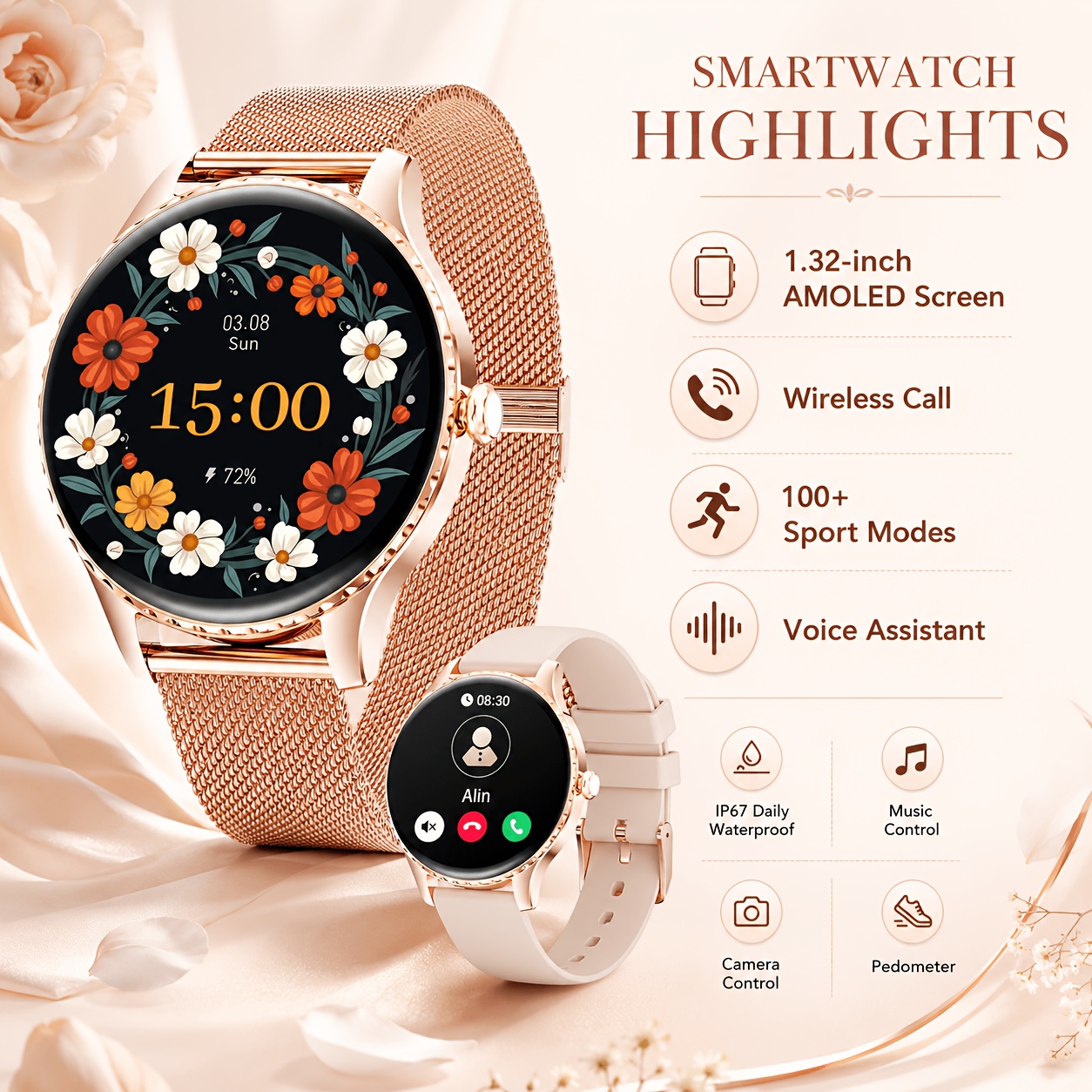 Image of Lige Watch With Wireless Calling, 1.32-inch Amoled Smartwatch With Sleep Monitoring, 100 , Pedometer, Camera & Music Control, Weather Display, Activity , Text