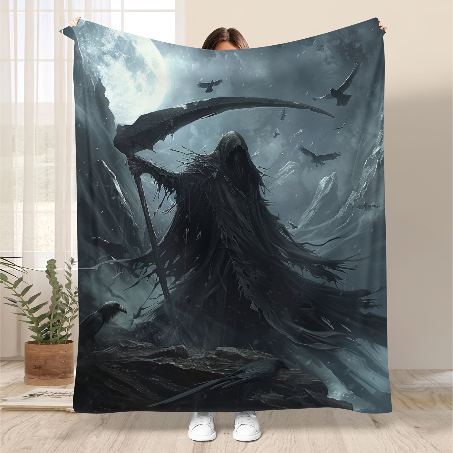 

Coastal Style Reaper With Scythe Moonlight Design Soft Flannel Fleece Throw Blanket, Horror Theme Knitted Polyester 100% All-season Comfort, Unique Artwork Pattern Embellished Cozy Blanket