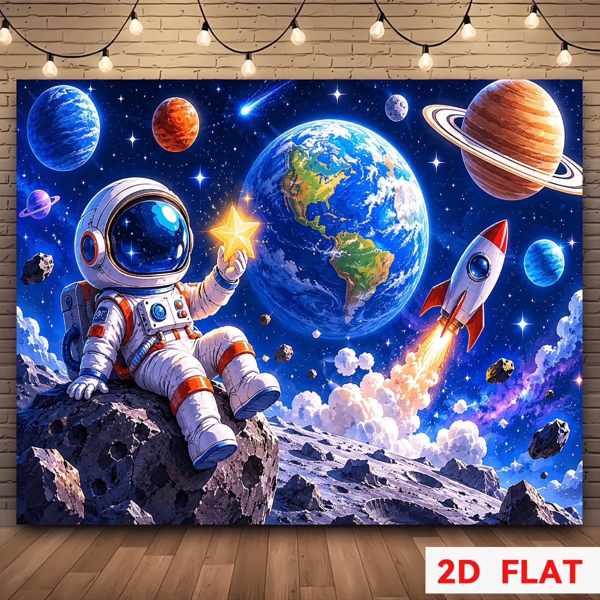 TEMU Tapisserie murale astronaute , 1 pièce - Drapeau plat 2D adapté pour toile de fond photo, décoration de pièce, fêtes à thème | Planètes