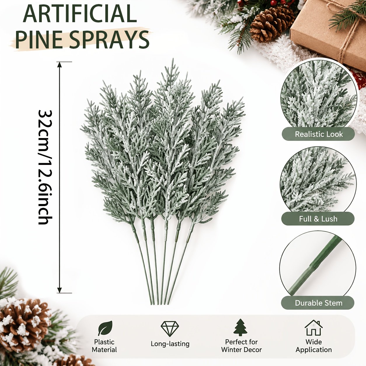 TEMU 6-pack Artificial Pine And Branches, Flexible And Moldable Reusable Artificial For Christmas Decorations, Suitable For Christmas, Thanksgiving,