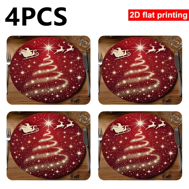 TEMU 4pcs Set Christmas Tree Print Round Placemats - Festive Red And Golden Color Scheme Holiday Table Decor, Machine Washable Polyester Material,