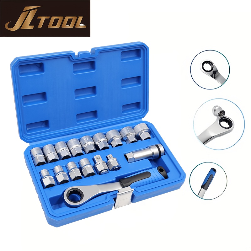 17pcs Pass Through Socket Set, 1/2'' 3/8'' Drive, 12 Toothed Ratchet Socket Set, Chrome Vanadium Steel Pass Thru Socket Set Release Adaptors, Space- Design For Space