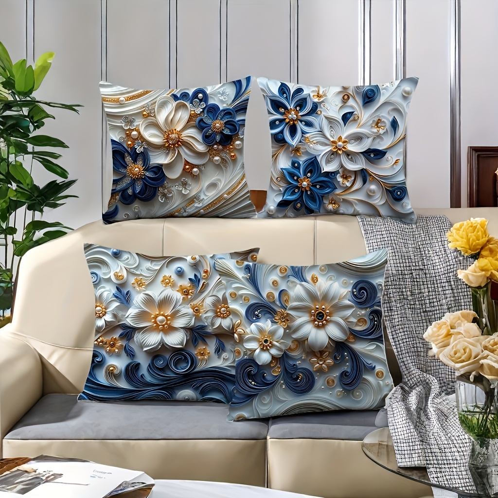 

4pcs Elegant Floral Pillowcase Set - Luxurious Blue, White And , Soft Polyester, Zipper, Machine Washable - For Living Room Decoration