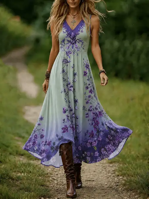 womens purple sun dress DAZY Women Elegant Purple Floral Embroidered Puff Sleeve Long Dress,Summer Garden Party Graduation Birthday Casual Work Plus Size Sun Dress
