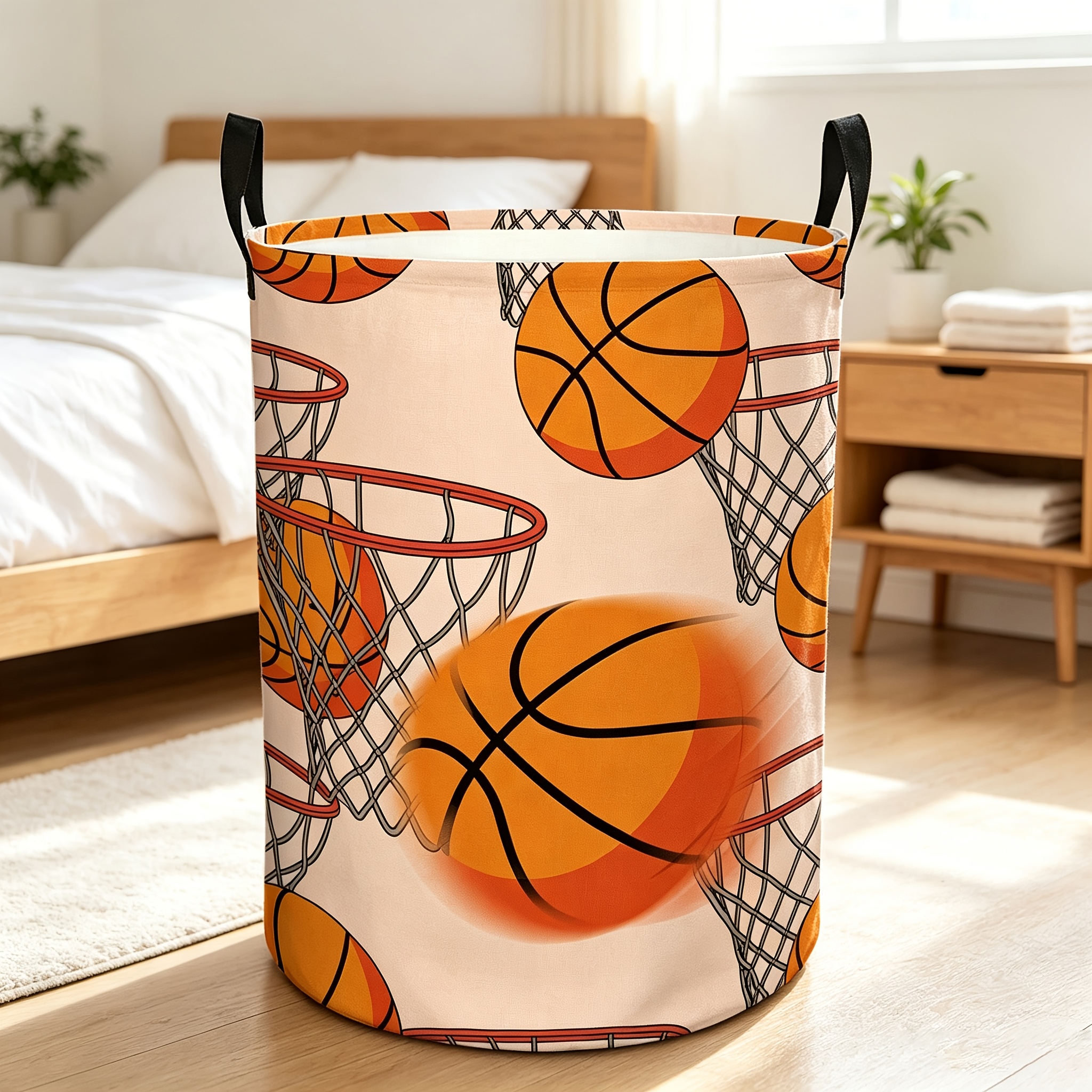 TEMU 1pc Basketball-themed Storage Basket With Ring Design - Large Capacity Foldable Laundry Hamper, Portable Storage Organizer With Sturdy Handles,