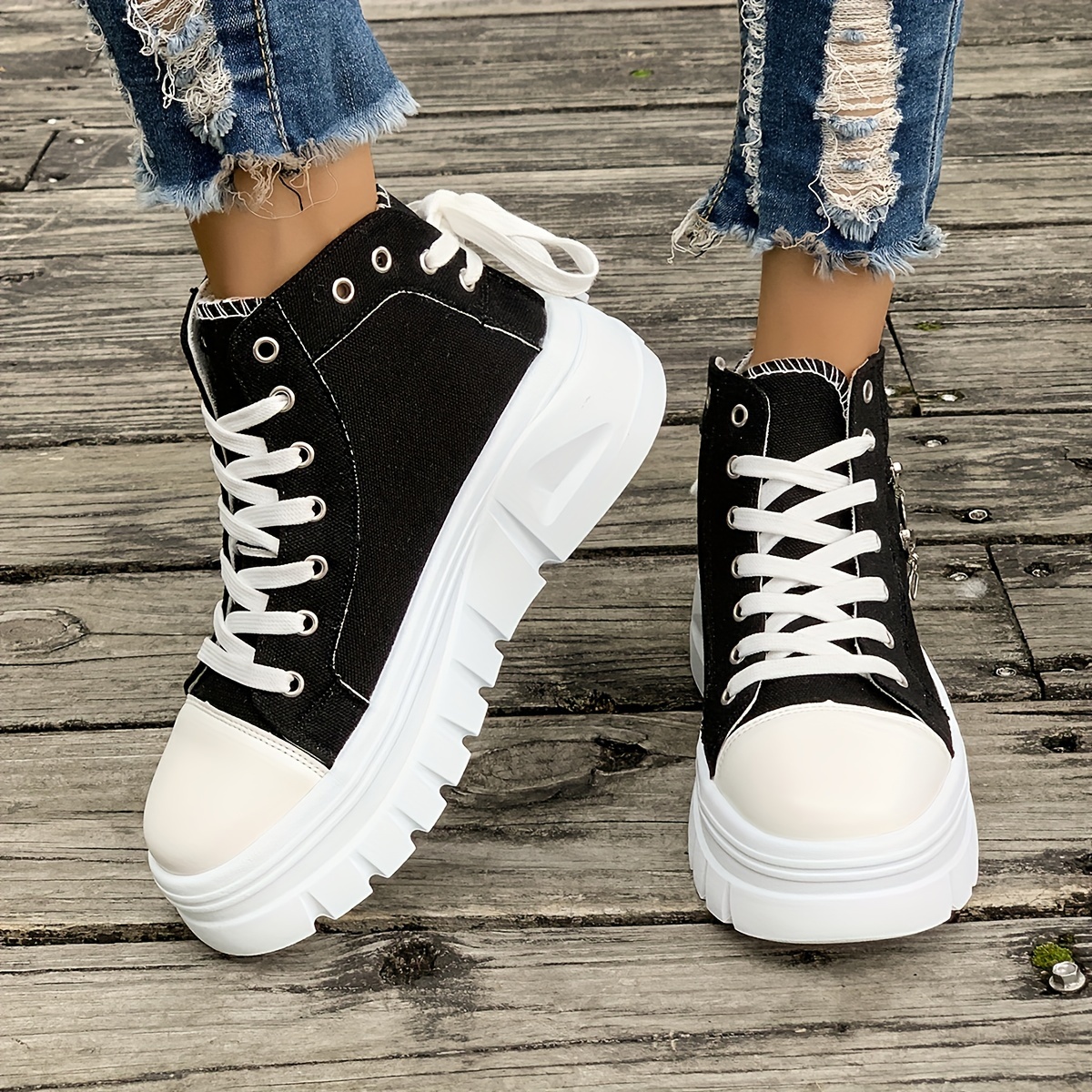 Women s Casual High Top Sneakers Slip Resistant Lace Up Canvas Shoes with Thick Platform Sole for