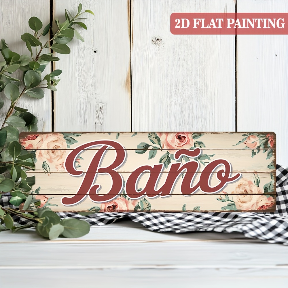 TEMU Letrero Decorativo de Madera Rústica Estilo Español, 1 Pieza, Letrero de Baño 'Baño' de Madera 16x4.92 Pulgadas, Floral Vintage para Pared,