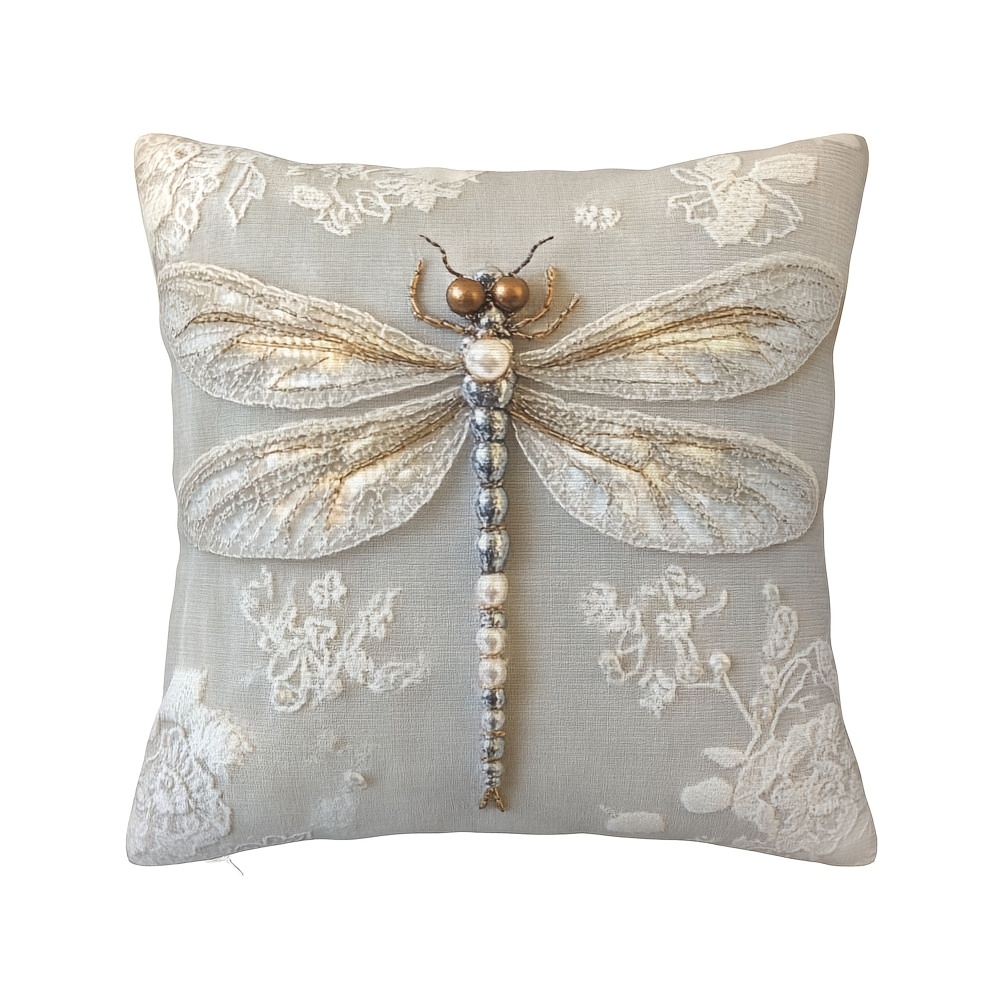 

1pc Vintage Lace Dragonfly Embroidery Throw Pillow Cover 18x18in, Soft Short Plush Polyester Cushion Case With Beaded Tassel & Zipper Closure For Home, Office, Bedroom, Living Room Decor