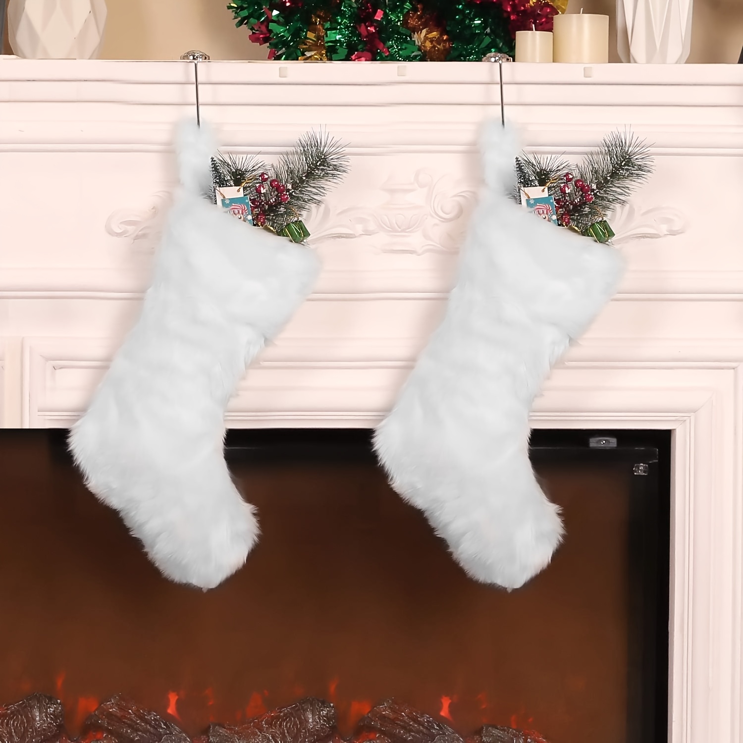 TEMU 2pcs 20 Inch White Christmas Stocking Faux Fur Stocking Snowy Stocking Fireplace Hanging Stocking Christmas Stocking Gift Bags For Decoration
