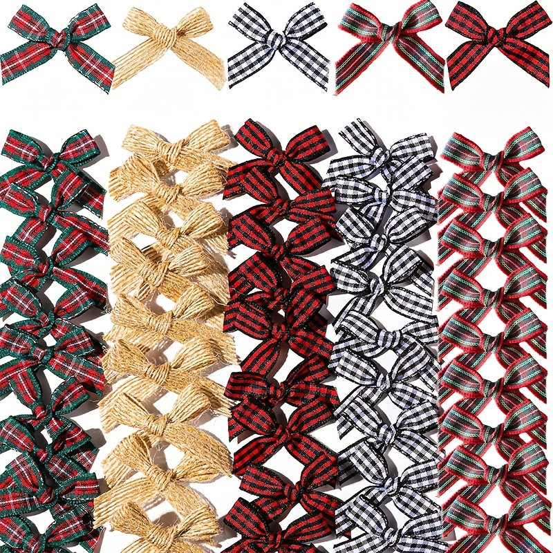 TEMU 100pcs Mini Nœuds de Noël pour Loisirs Créatifs, Petits Nœuds en Ruban à Carreaux avec de Petits Nœuds, Nœuds Multicolores en Toile de Jute pour