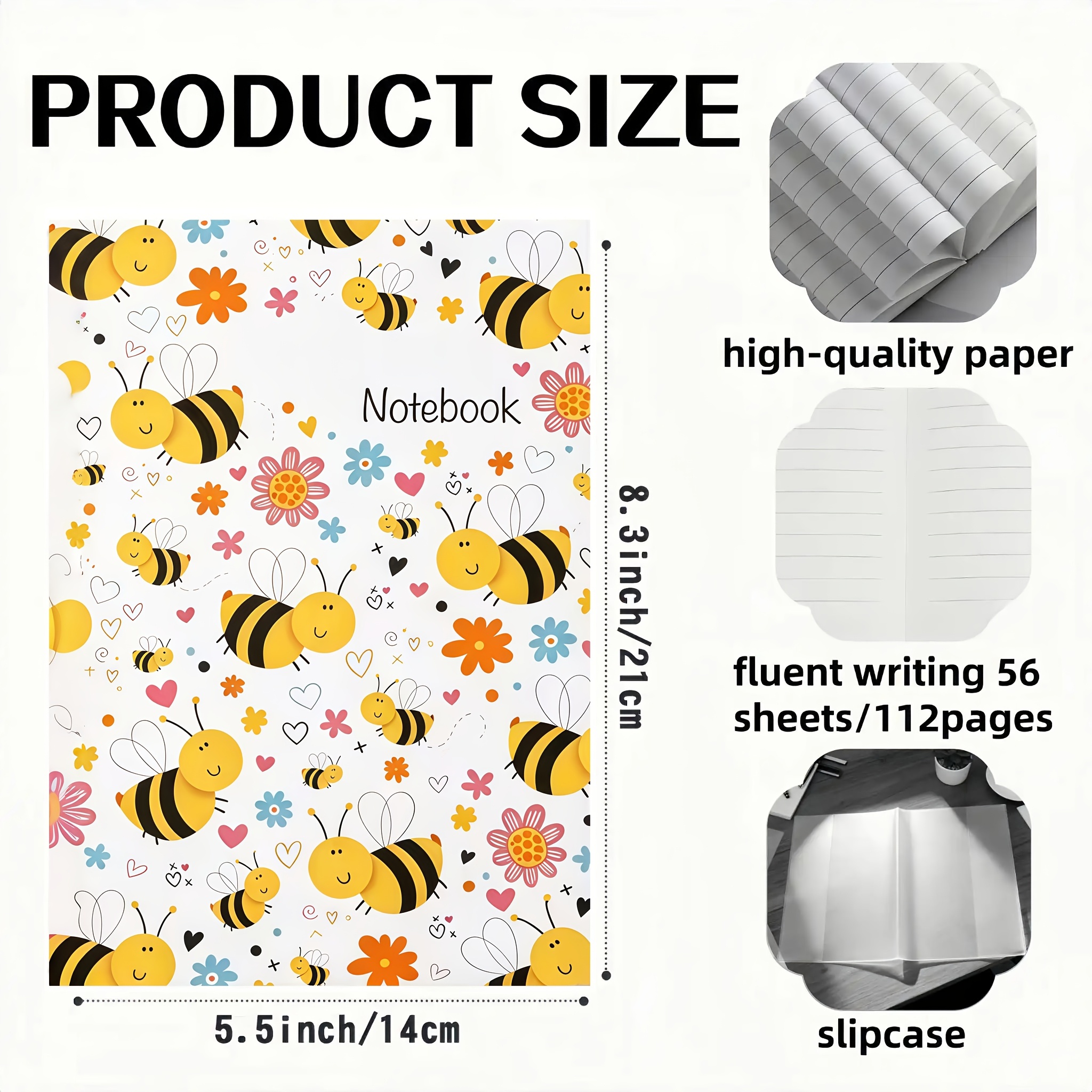 TEMU 1pc Cute Bee Ruled Notebook With Thickened Non-bleed Paper Suitable For, Journaling, Planners - A5 Size (5.5×8.3") Bee-themed Diary, Gift For