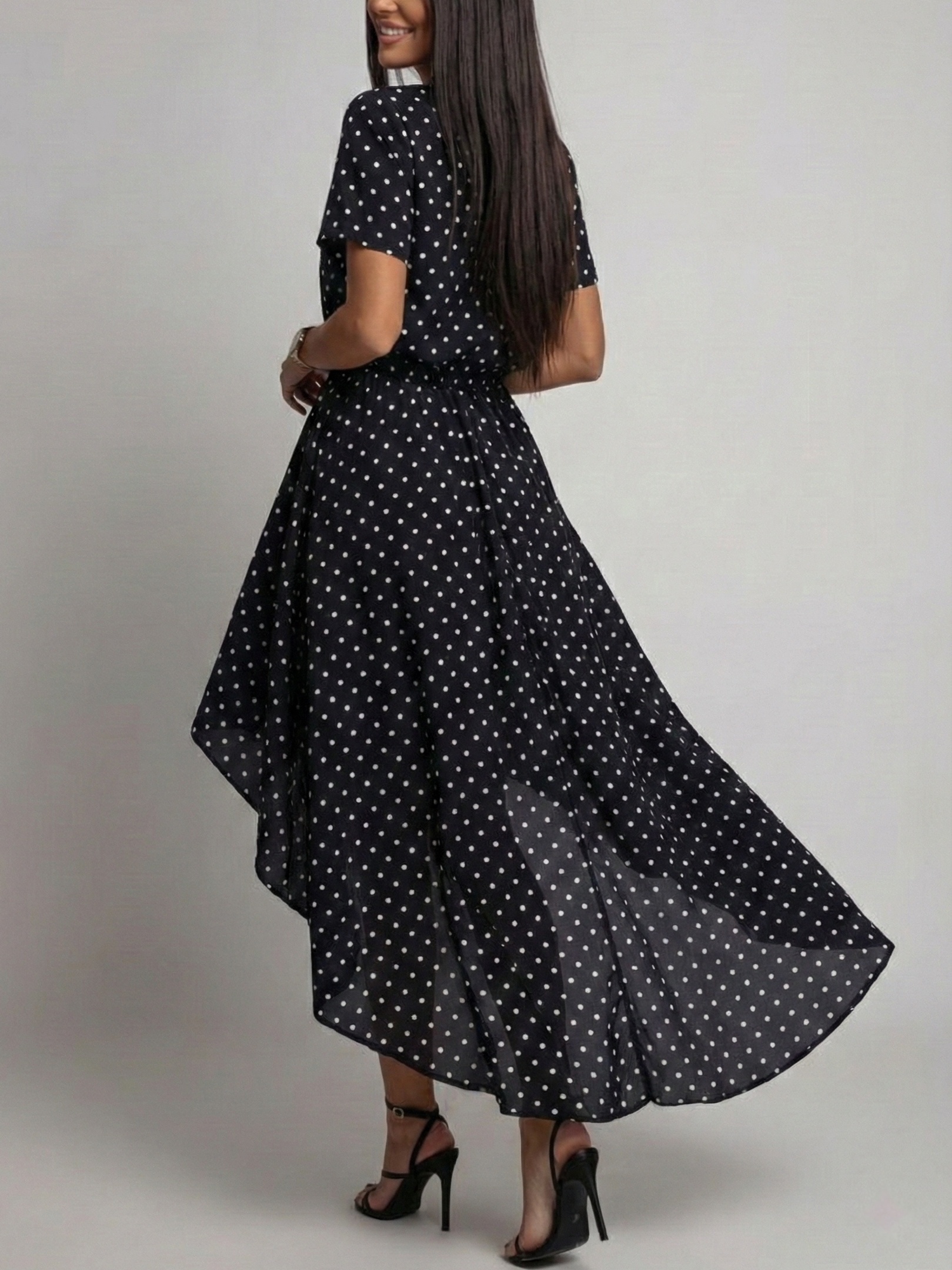 Retro Black Background White Polka Dot Dress Women Short-Sleeved Neckline Tie Waist Front Short Back Long Irregular Swallowtail Skirt Flowing Chiffon Long Skirt Light Mature Style Daily Dating Vacation Versatile Dress