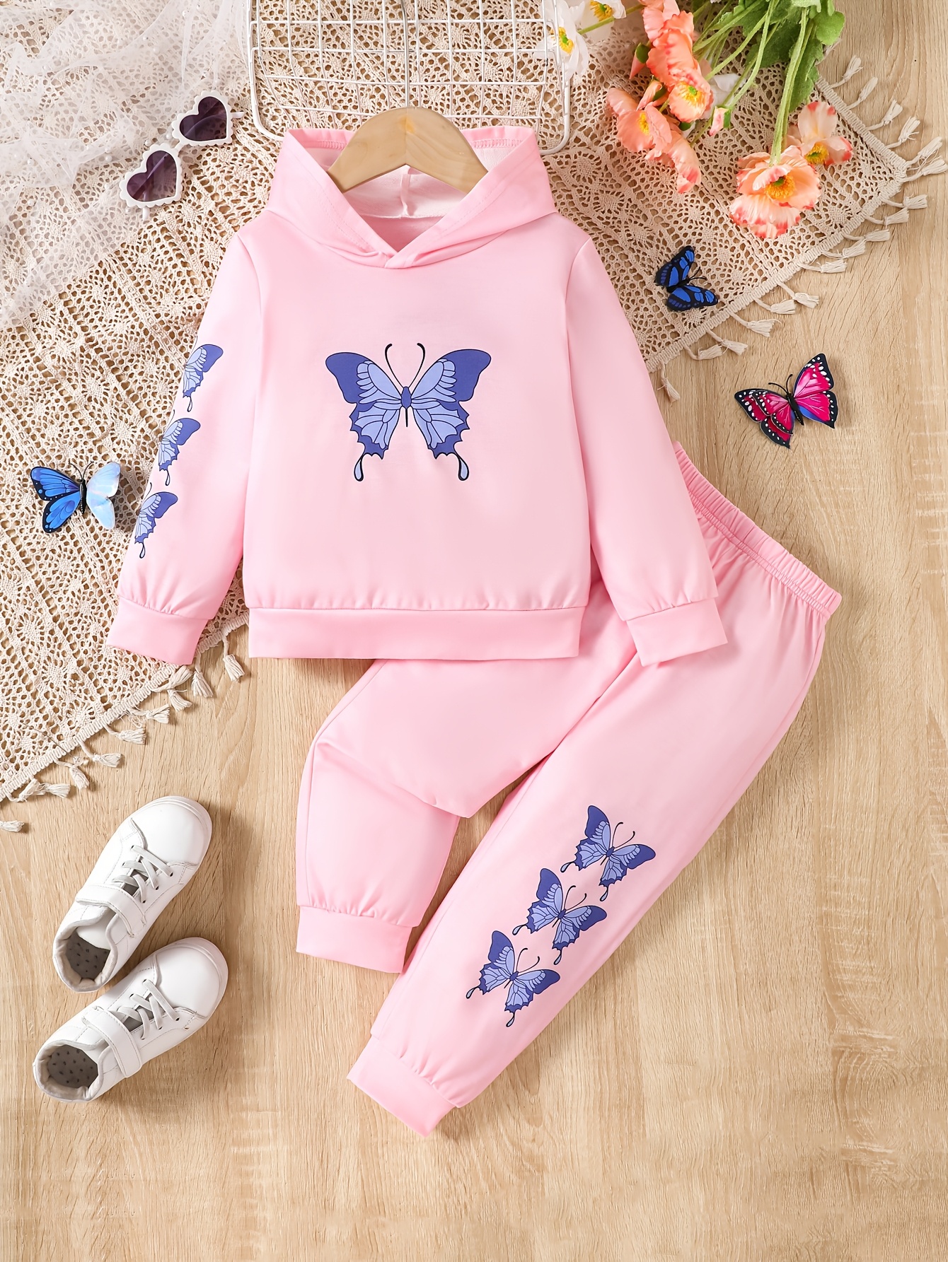 girls' spring outfit: comfy white hoodie pants set blue Temu New