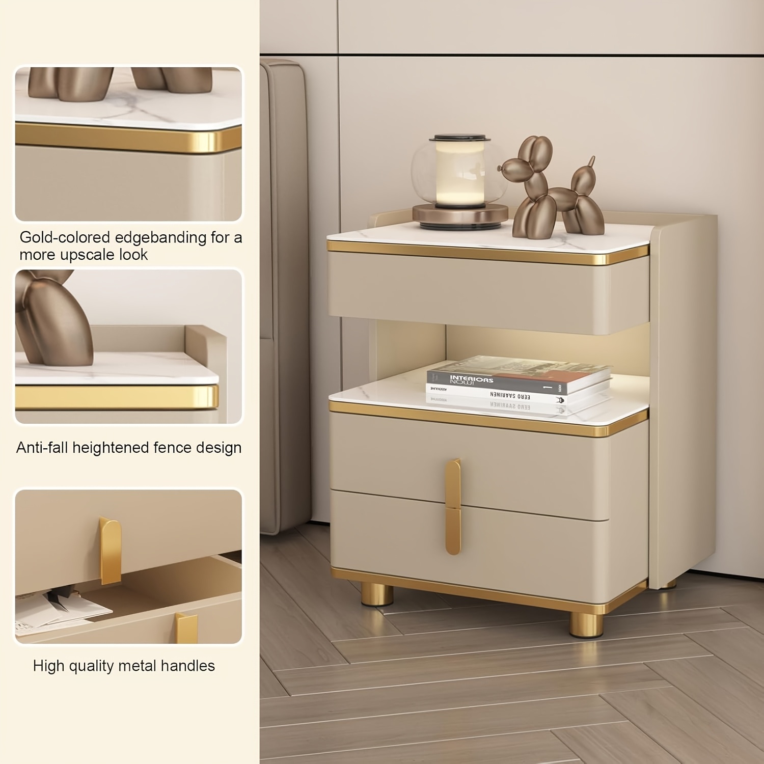 Modern Marble-Top Nightstand with Golden Trim, 3-Drawer Beside Table with Open Shelf, Tempered Glass Countertop, Rounded Corners And Silent Slides for Bedroom, Luxury Minimalist Storage Cabinet 1/2pcs