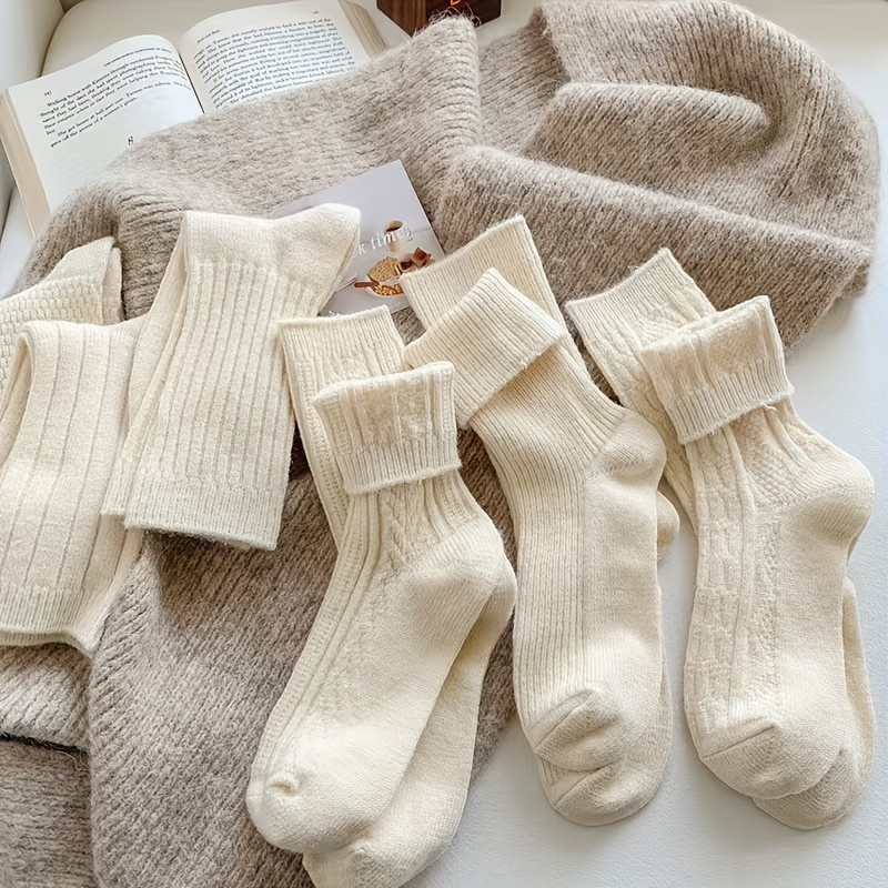 

6 Pairs Of Autumn And Winter Plain Color Mid-calf Pile Socks, Warm And Comfortable, Wide Mouth Socks For Girls