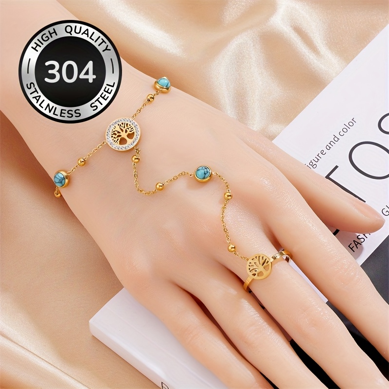 E-shop 304 Goldenes Edelstahlarmband mit Ring, Baum des Lebens Anhänger, Blaues Türkis Mode Schmuck Accessoire