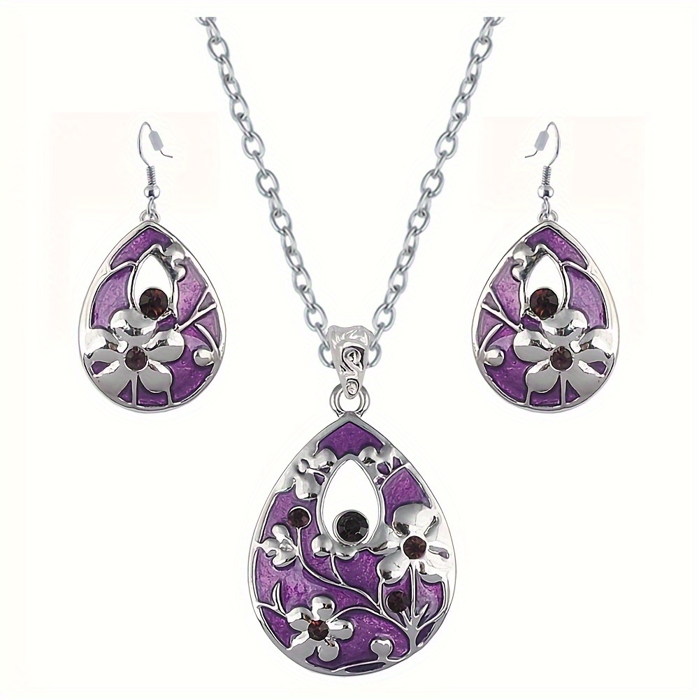 

2 Color Waterdrop Elegant Jewelry Set Pendant Necklace And Hook Earrings Set Zinc Alloy Rhinestone Decor Blue And Purple Flower Print Jewelry Set For Women