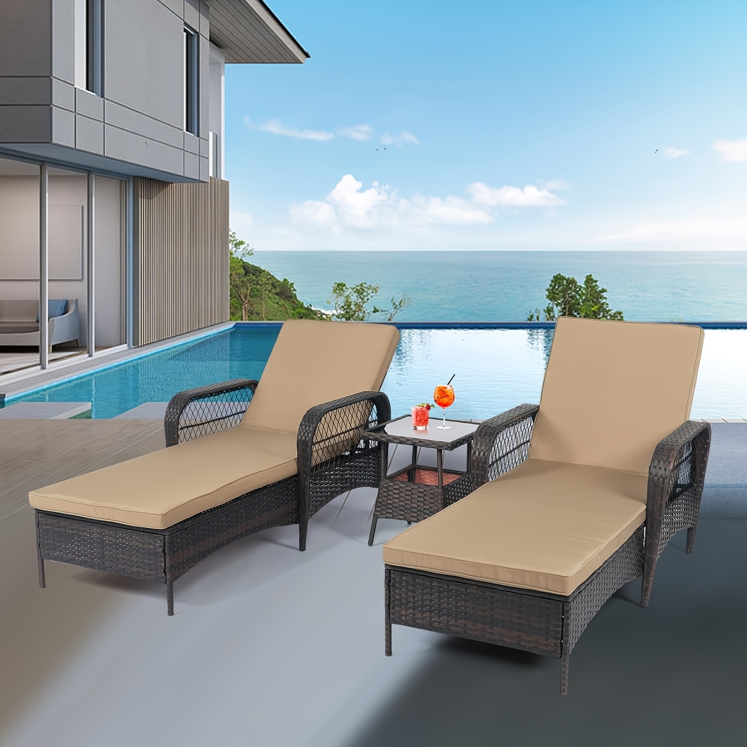 [3pcs Wicker Chaise Set] LEVELEVE 3pcs Outdoor Wicker Chaise Lounge Set with Foam Cushions & Tea Table - All-Weather PE Rattan Recliner Chairs Suitable for Backyard, Poolside, Patio Furniture, Adjustable Chaise Loungers for Deck, Porch, Garden