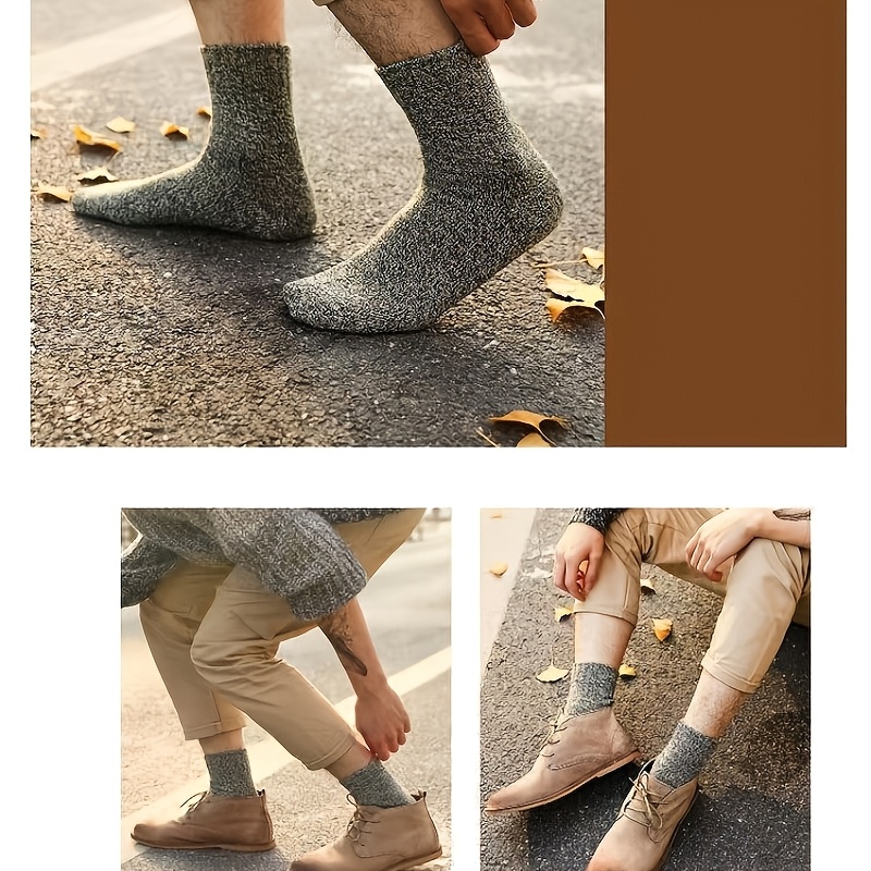 3/5 Pairs Men'S Thick Warm Knit Crew Socks - Solid Color Winter Socks with Ribbed Cuffs, Polyester Blend, Hand Wash Only, Ideal for Cold Weather Comfort, Winter Socks, Handwash Only Socks, Ribbed Cuff Socks, Durable Knit Socks