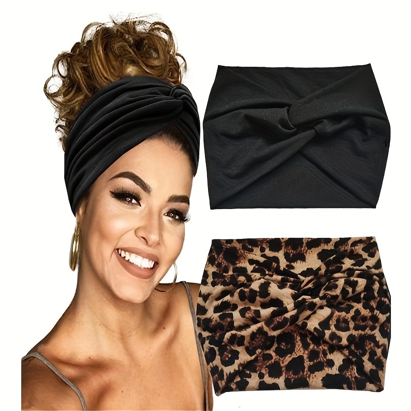 Image of 2pcs Boho Chic Wide Headbands For Women - Elegant & Simple Printed Turban Style, Perfect For Yoga, Running & Sports, Headbands